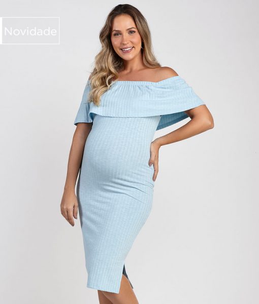 Vestido Gestante Canelado Ombro à Ombro Azul Claro