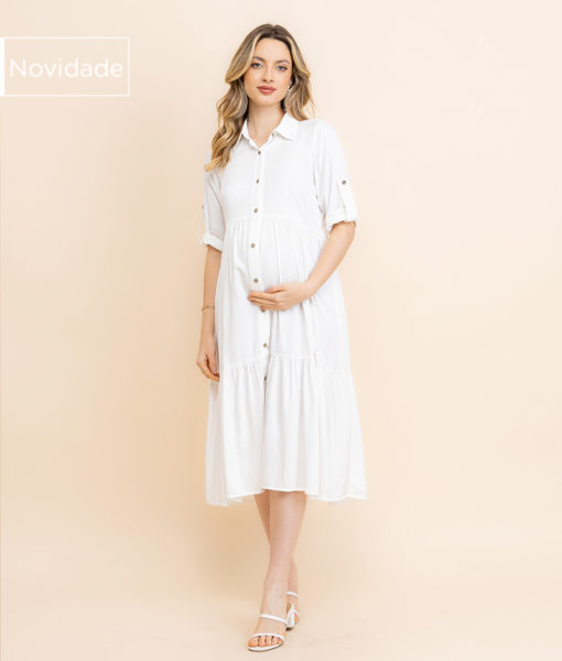 Vestido Gestante Chemise com Babado Off White