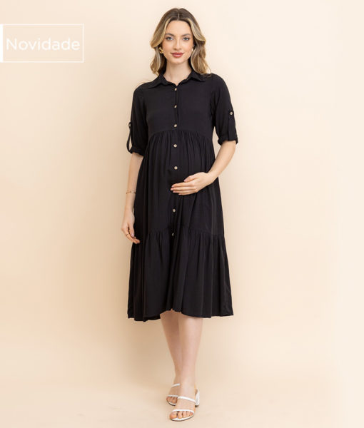 Vestido Gestante Chemise com Babado Preto