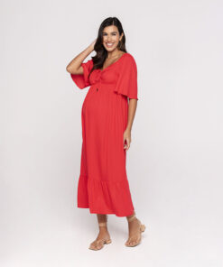 Vestido Gestante Midi Detalhe Busto Vermelho