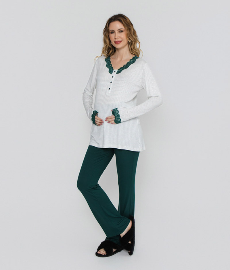 Pijama Gestante Visco Poá Verde
