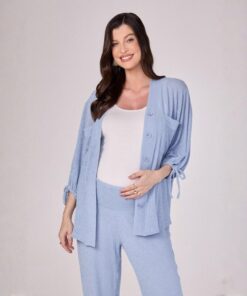 Blusa Gestante com Botões Malha Tricot Fresh Azul Claro