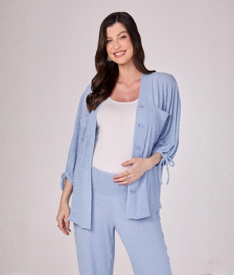 Blusa Gestante com Botões Malha Tricot Fresh Azul Claro