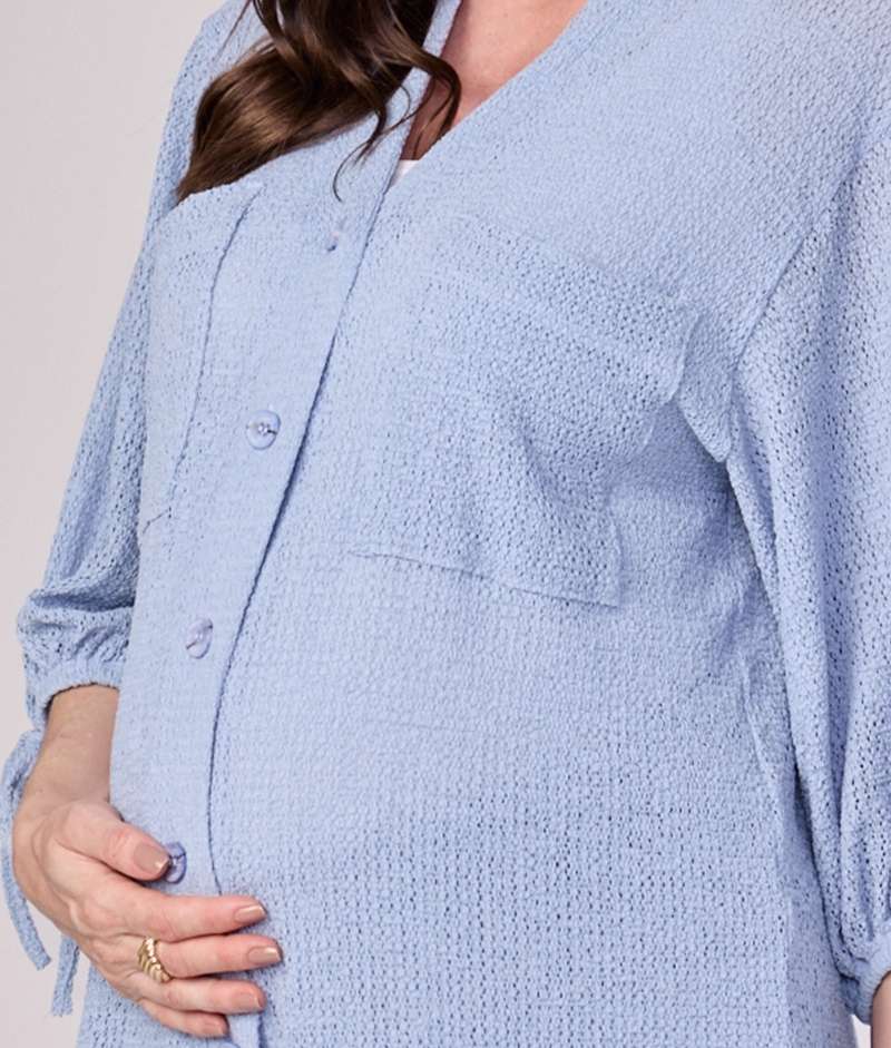 Blusa Gestante com Botões Malha Trico Fresh Azul Claro