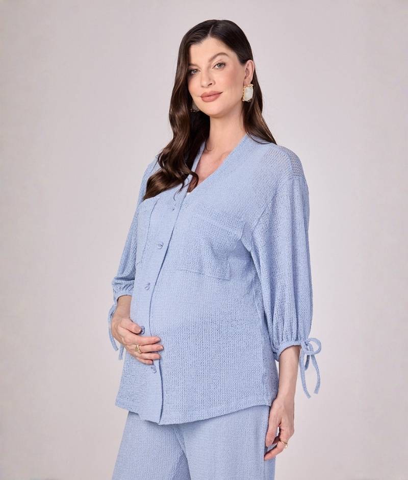 Blusa Gestante com Botões Malha Trico Fresh Azul Claro