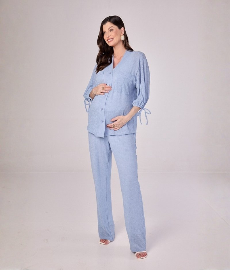 Blusa Gestante com Botões Malha Trico Fresh Azul Claro