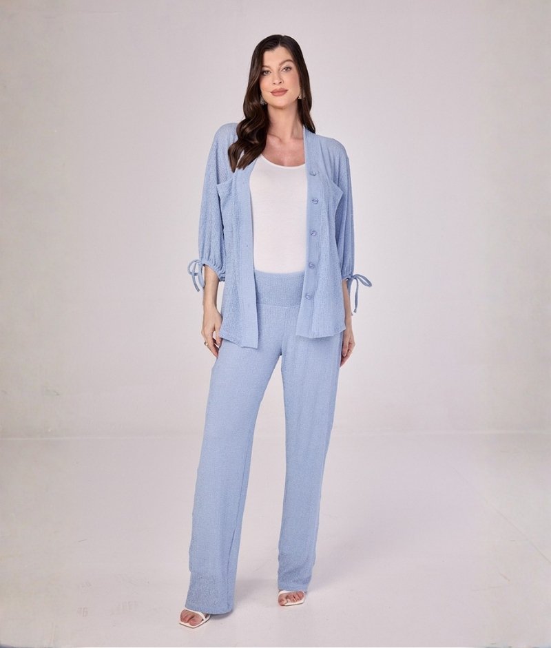 Blusa Gestante com Botões Malha Trico Fresh Azul Claro