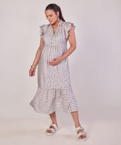 Vestido Midi com Botões Listrado Triplo