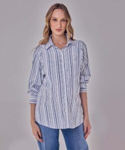 Camisa Gestante Manga Longa Listrada Azul